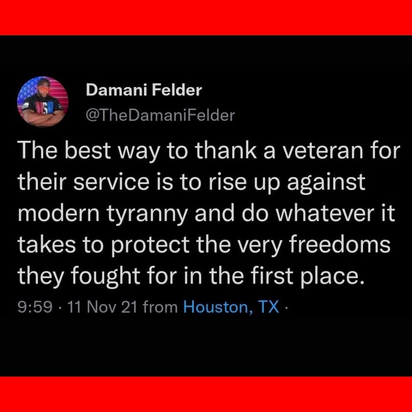 The best way to thank a veteran for their service is to rise up against modern tyranny and do whatever it takes to protect the very freedoms they fought for in the first place. 