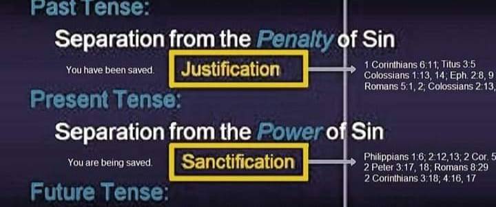 the 3 tenses of "Salvation" • Past Tense: Separation from the PENALTY of Sin … JUSTIFICATION: you have been saved. • Present Tense: Separation from the POWER of Sin … SANCTIFICATION: you are being saved. • Future Tense: Separation from the PRESENCE of Sin … GLORIFICATION: you will be saved.